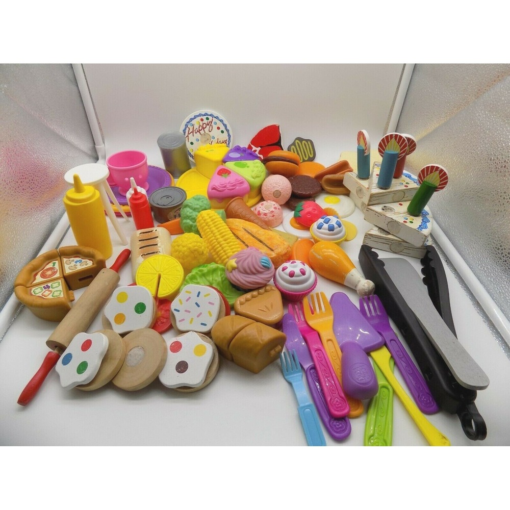 Mixed Play Food Lot Plastic Wooden Kitchen Accessories Pizza Cake Utensils